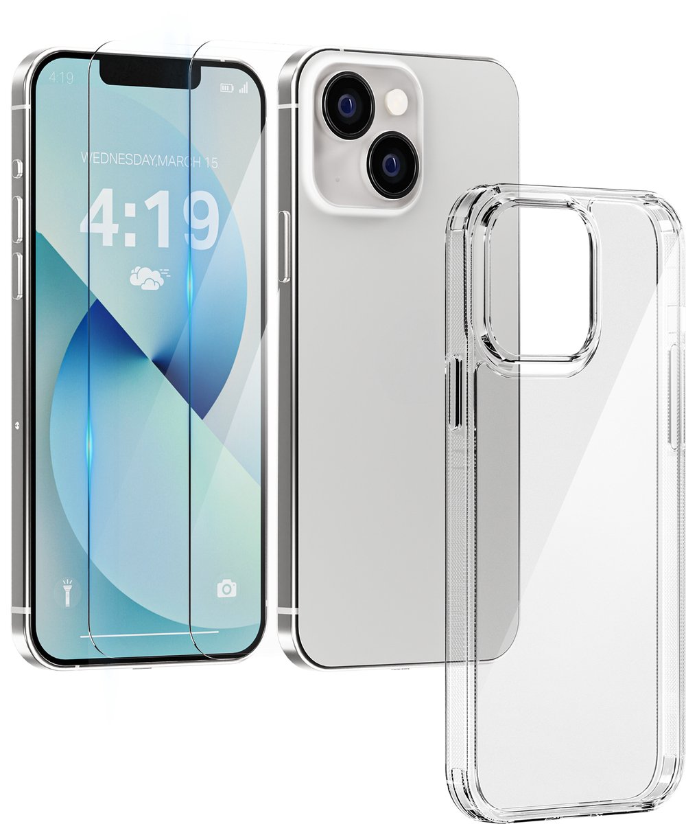 My Case Hoesje geschikt voor iPhone 13 transparant - 2x screenprotector - extra sterk beschermglas