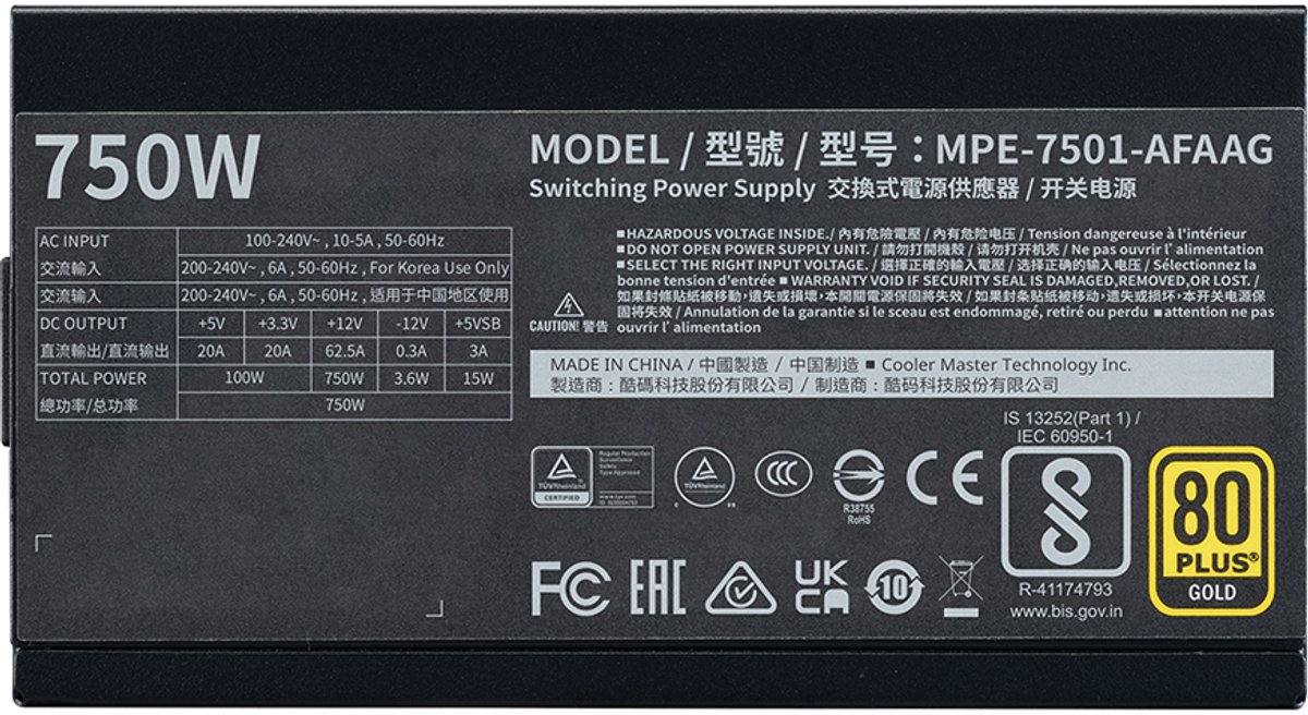 Cooler Master Mwe Gold 750 V2 Atx 3.1 - Voeding Atx12V 3.1 - 80 Plus Gold - 750 - afbeelding 4