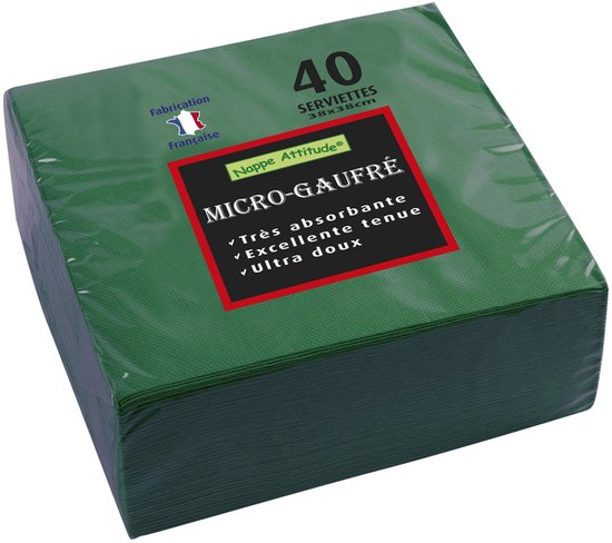 40 serviettes micro-gaufrées vert foncé, 38x38cm, Fabrication Française