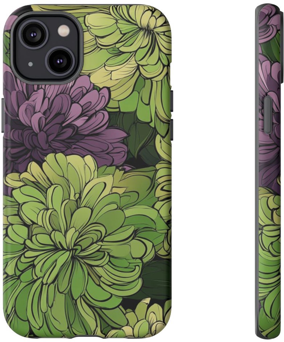 Groen-Paarse Chrysantenprint – Telefoonhoesje Geschikt voor iPhone 14 Plus