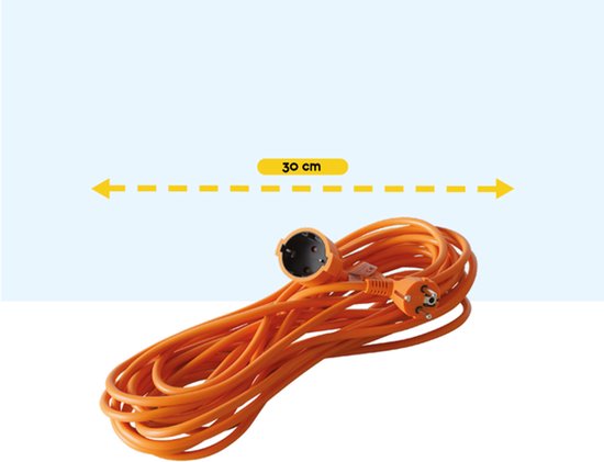 Een oranje verlengsnoer met stekker en contactdoos, opgerold. Een gele pijl met "30 cm" erboven.