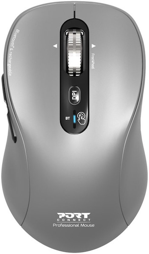Port Connect 910201 - Muis - Draadloos - Ambidextrous - 3200 DPI - Bluetooth - 6 knoppen - grijs
