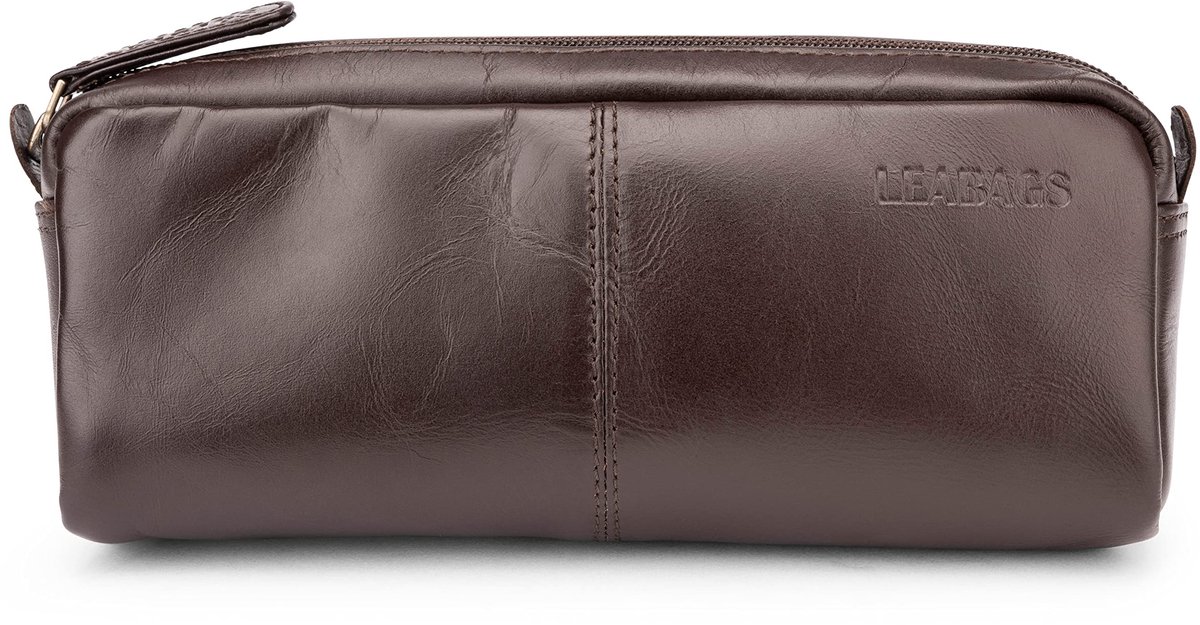 LEABAGS Leren etui I Grote etui van echt leer I Etui voor werk, universiteit en school I Etui I Etui voor pennen I Leren etui I Choco