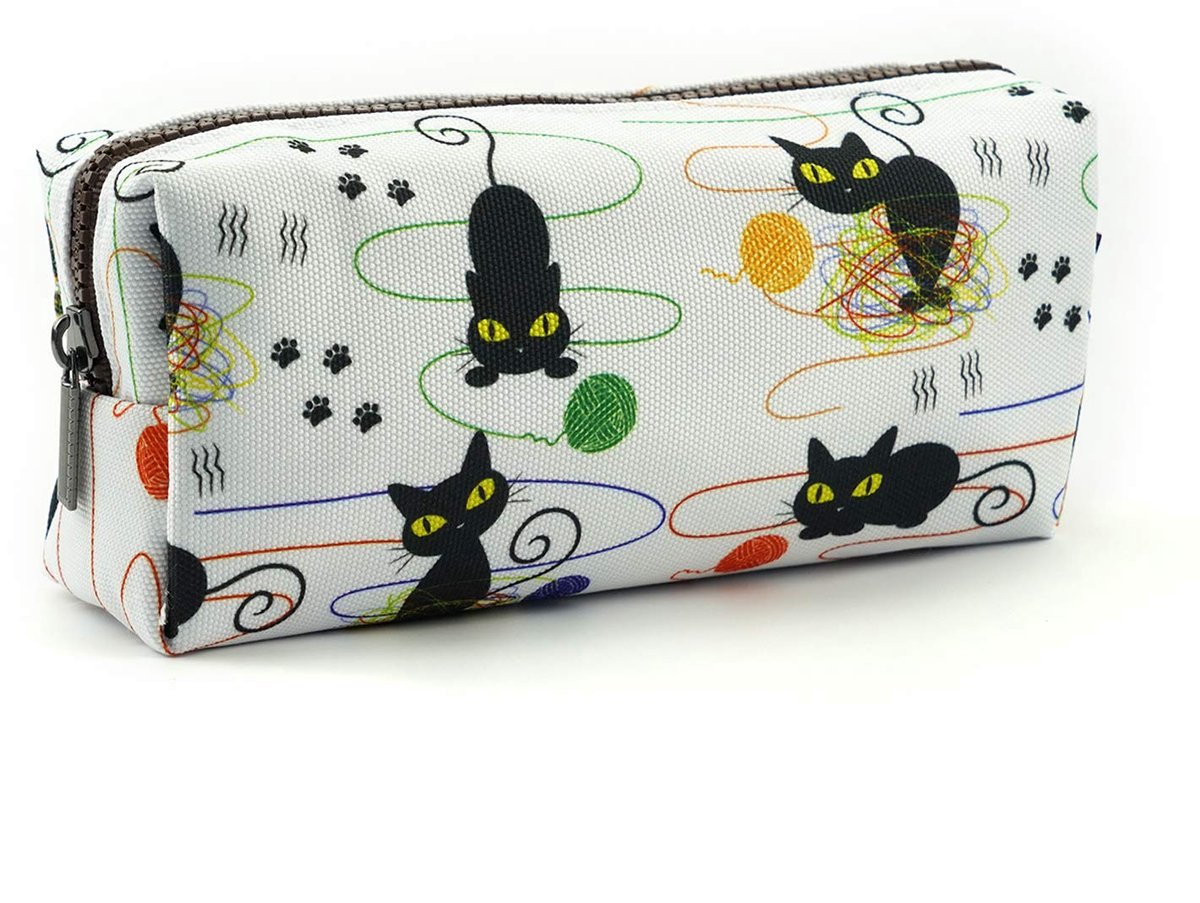 Etui, make-uptas, motief: katten en bolletjes wol, ideaal als cadeau voor elke kattenliefhebber