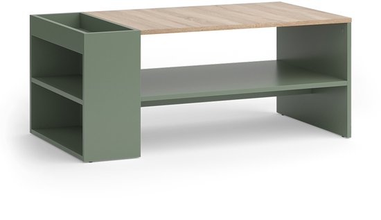 Table basse verte avec plateau imitation bois clair et deux compartiments de rangement ouverts sur la gauche.