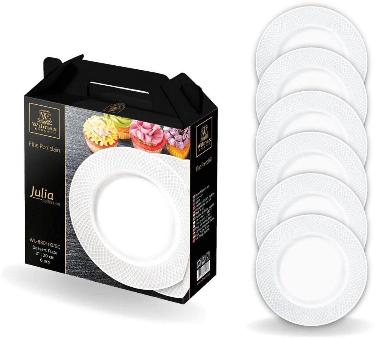Wilmax | Borden - 6 stuks | Ø 20 cm | Wit porseleinen dinerbord | Dinerbord | Vaatwasserbestendig | Ontbijtbord | Taartbord | Verpakt in een elegante geschenkdoos