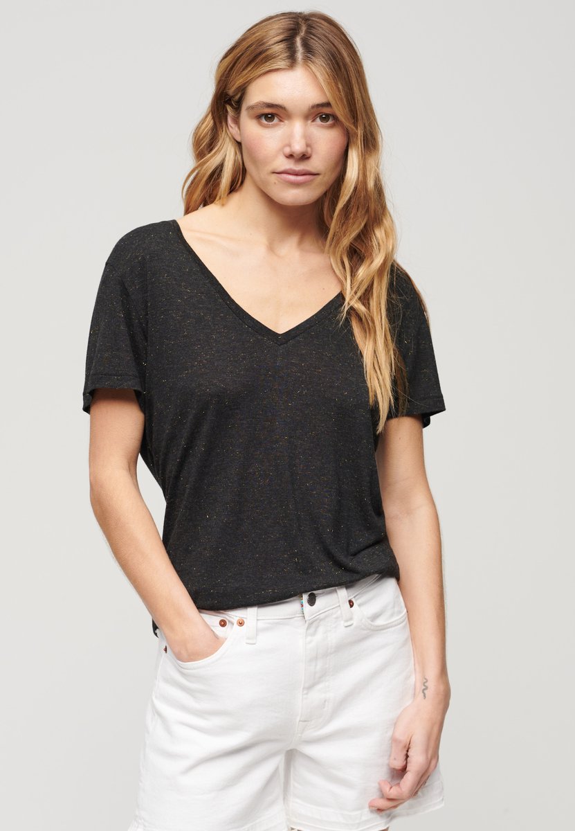 Superdry Studios Slub Embroidered Vee T-shirt Met Korte Mouwen S Vrouw Zwart