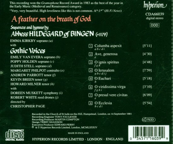 CD-hoes met tekst en tracklist voor "A Feather on the breath of God" door Abbess Hildegard of Bingen. Hyperion Records.