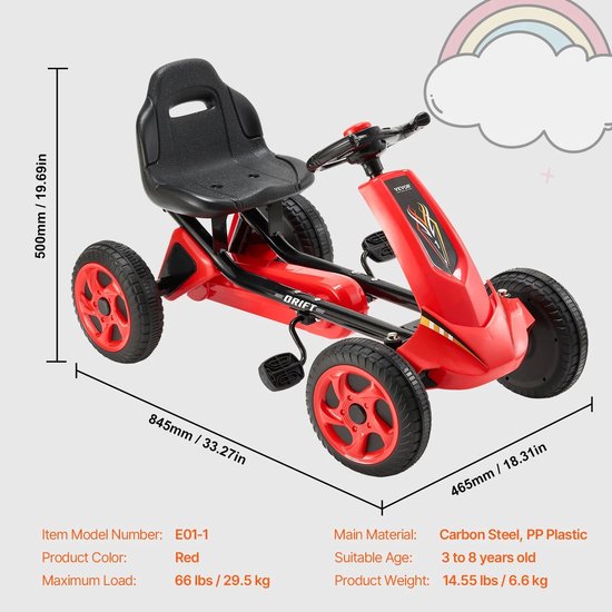 HOMCOM Kart à pédales pour enfants avec siège ajustable 4 positions et roues en EVA 100 x 58 x 58,5 cm noir | France