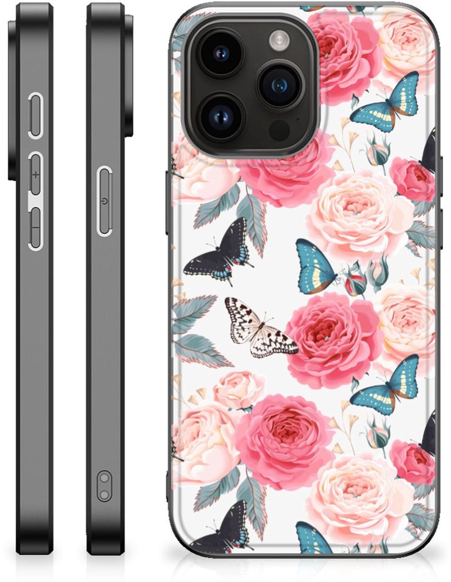 Back Cover voor iPhone 15 Pro Max Bloemen Hoesje Butterfly Roses