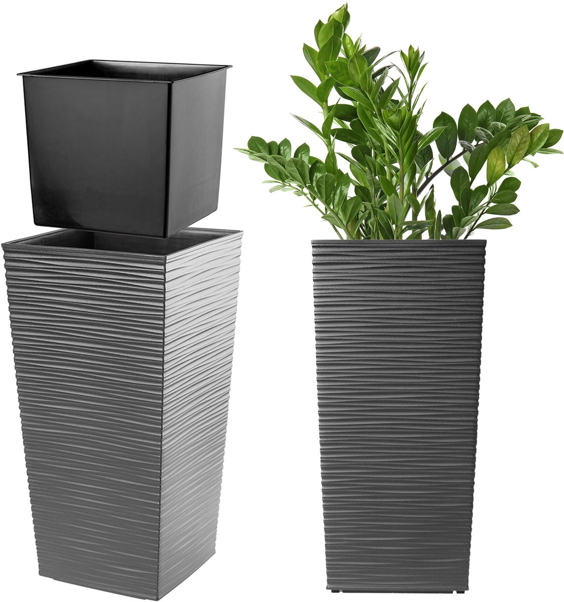 KADAX Bloempot, bloembak van kunststof, plantenbak voor bloemen, binnen en buiten, tuin, balkon, terras, huis, weerbestendig, imitatie rotan (46,5 cm hoog, grafiet)