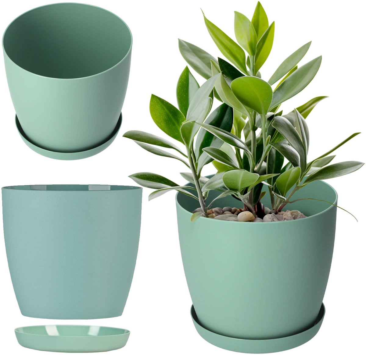 KADAX Bloempot, plantenbak met onderzetter, ronde bloembak van kunststof, matte pot voor cactus, varens, glanzende buitenpot voor balkon, woning en terras ( 18 cm, munt)