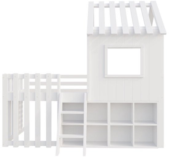 Lit cabane pour enfant 90x200, avec toit et fenêtre, avec espace de rangement ouvert, avec échelle d'escalade, lit superposé pour enfant en bois massif sans matelas, blanc