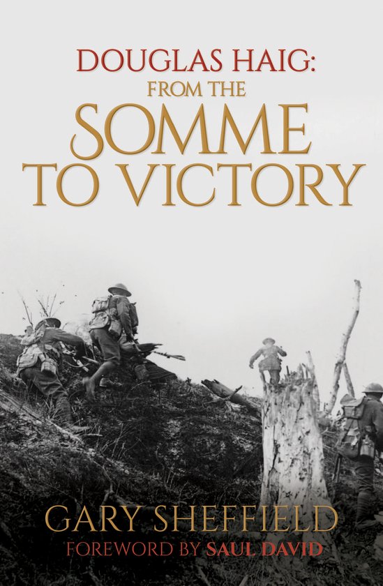 Boekcover "DOUGLAS HAIG: FROM THE SOMME TO VICTORY" met soldaten in actie en een verwoeste boomstronk.