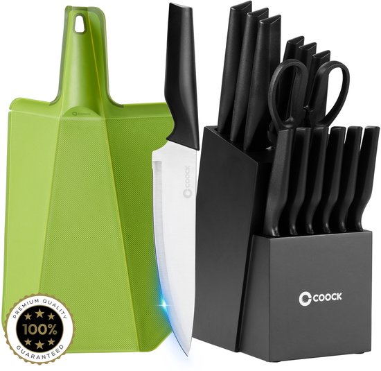 COOCK - Messenset met Blok en Vouwbare Snijplank – Keukenmessen - Schaar - Aanzetstaal (Messenslijper) – 15-Delige Keukengerei Set in Messenblok - Met Krasbestendige Coating - RVS/Zwart