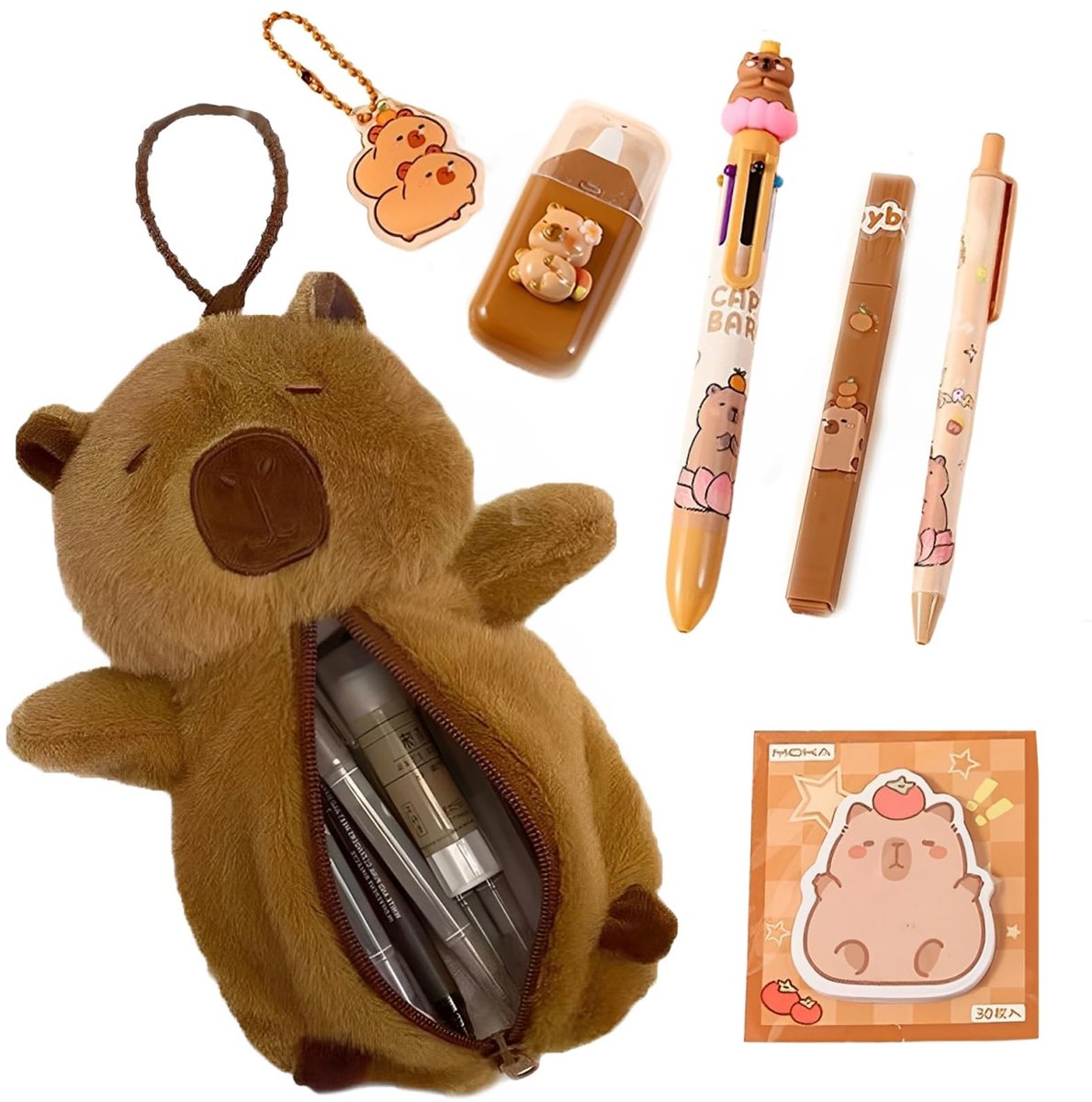 Capybara Pluche Etui - Met 6-delige Accessoires - Voor School & Reizen - Bruin