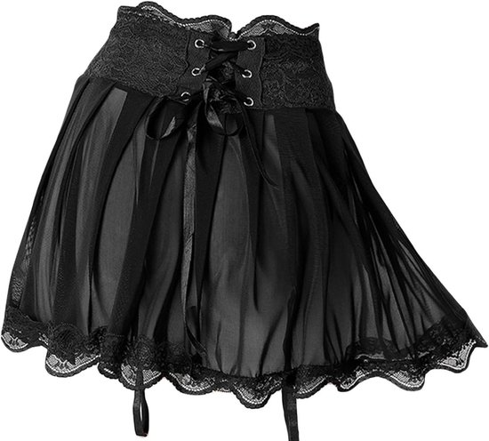 GORGLITTER Dames skort met elastische tailleband, minirok van PU-leer, clubrokken, korte rokken met ruches zoom, zwart, M