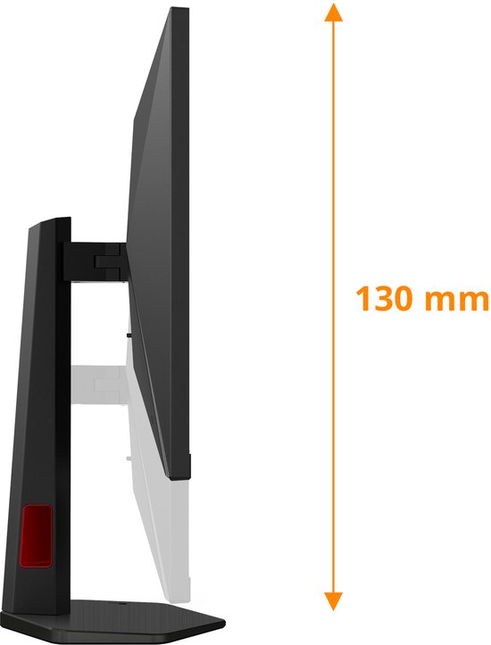 Zijaanzicht van een zwarte AOC gaming monitor met een standaard met rode accenten. Hoogte is 130 mm.