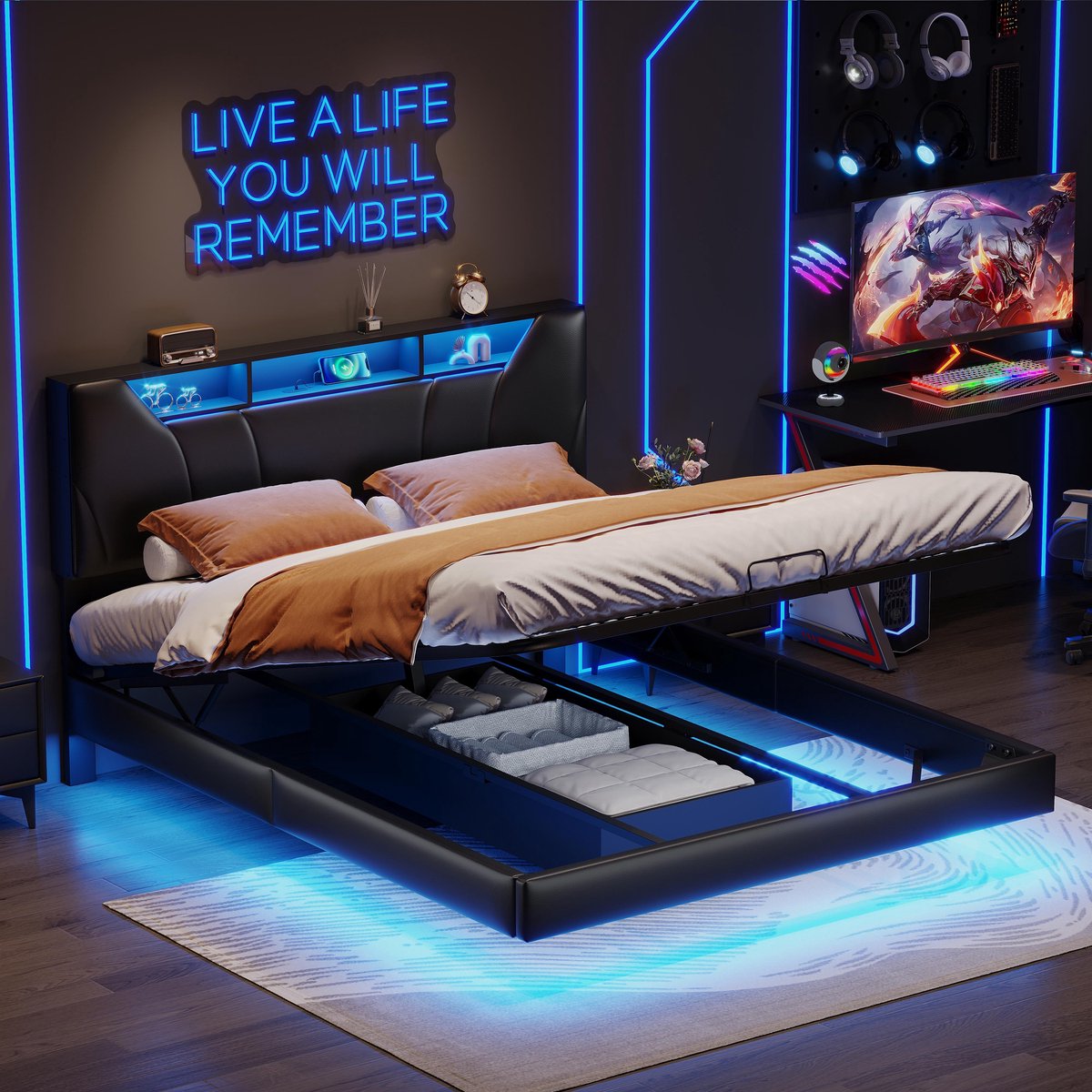 Polsterbed 140x200cm met LED/USB, Boxspringbed zonder Matras, met Lattenbodem en Opslagruimte, Functioneel Jeugd- en Tweepersoonsbed, PU, Zwart, Zonder matras