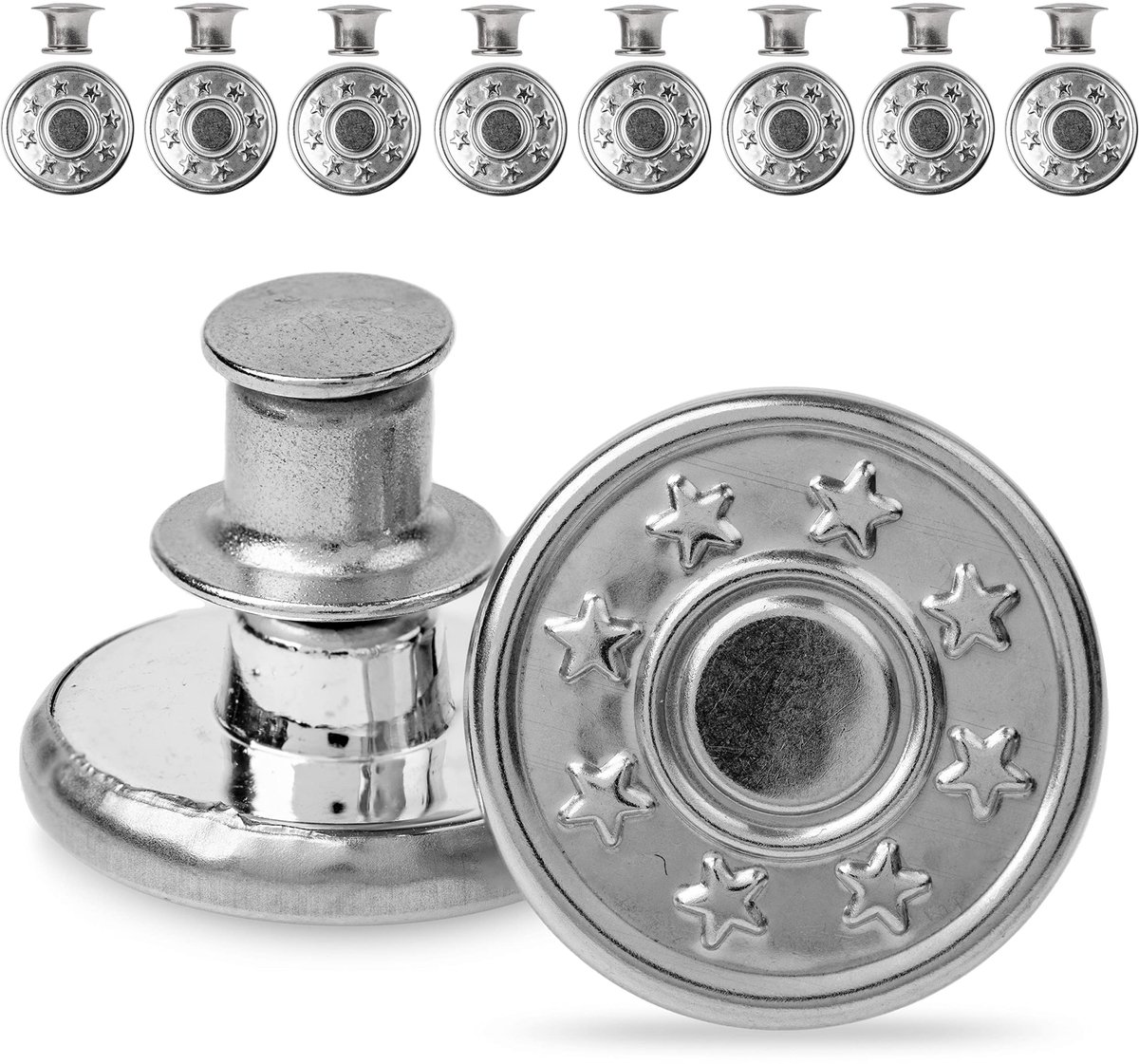 Verstelbare broekvervangingsknopen, 8-pack, Ø 17 mm messing jeansknopen, zilverkleurig, tailleband op elk moment verstelbaar, broeken strakker en wijder maken, jeansknoopspeld, jeansknoop met speld, broekknopen