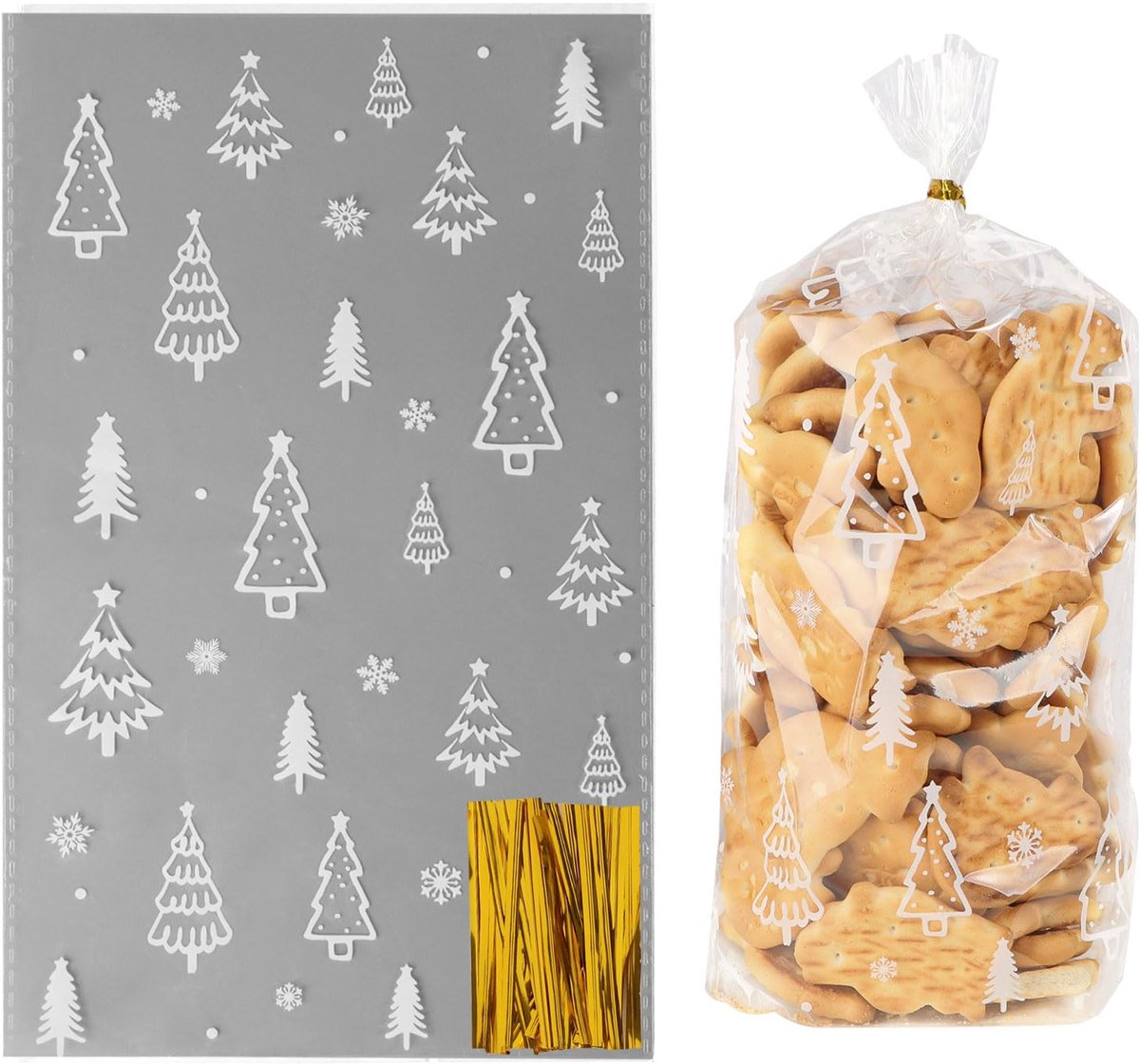 COLOFALLA 100 stuks cellofaanzakjes Kerstmis 14,5x24cm Kerstboom cellofaanzakjes koekjeszakjes kerstzakjes om te vullen transparante cadeauzakjes voor snoep koekjes