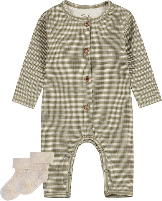 Dirkje - Noppies - Grenouillère rayée vert clair - 1 paire de chaussettes taupe avec broderie - Taille 56