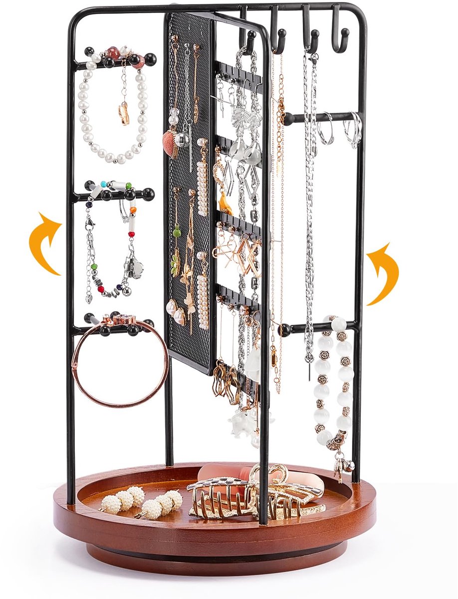 Kingling Draaibare Sieradenstandaard, Sieradenorganizer met Houten Basis, Kettingopbergsysteem Sieradenstandaard Sieradenopbergsysteem voor Kettingen, Oorbellen, Armbanden, Ringen Sieradenorganizers - Zwart