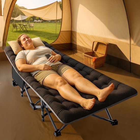 Extra Groot Opvouwbaar Campingbed met Mat - 198×81,5×46 cm, Zwart, Inclusief Draagtas van Merkloos — afbeelding 2