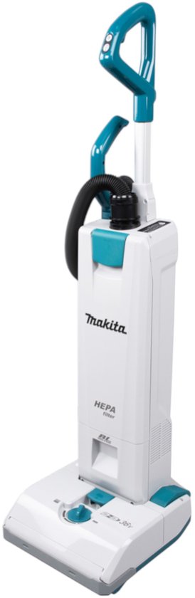 Witte en turquoise Makita kruimeldief met zilveren steel, met aan/uit knoppen op handvat.