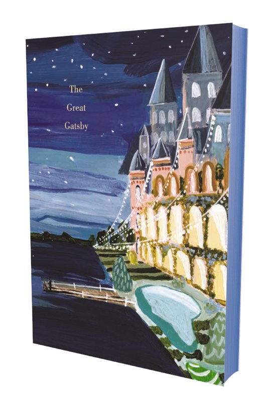 La couverture de The Great Gatsby représente un château peint sous un ciel nocturne étoilé, avec un éclairage d'ambiance le long des façades.