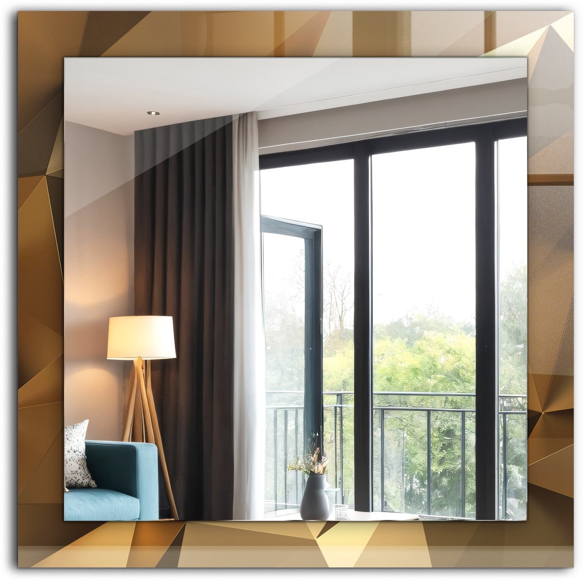 Tulup Spiegel - Vierkante vorm Spiegel - op gehard Glas - Bruine geometrische vormen - 60 x 60 cm - Spiegel met decoratief motief - Inloopkastspiegel – Badkamerspiegel - Toiletspiegel - Make-up Spiegel - Wanddecoratie Spiegel - Spiegelmontageset