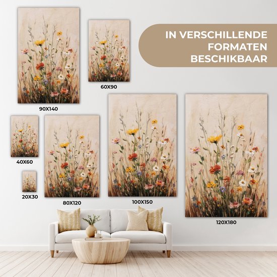 Canvas schilderij 120x180 cm - Exclusieve wanddecoratie Wilde bloemen - Penseelstreken - Rustgevend - Muurdecoratie woonkamer - Slaapkamer decoratie - Kamer accessoires - Schilderijen op canvas