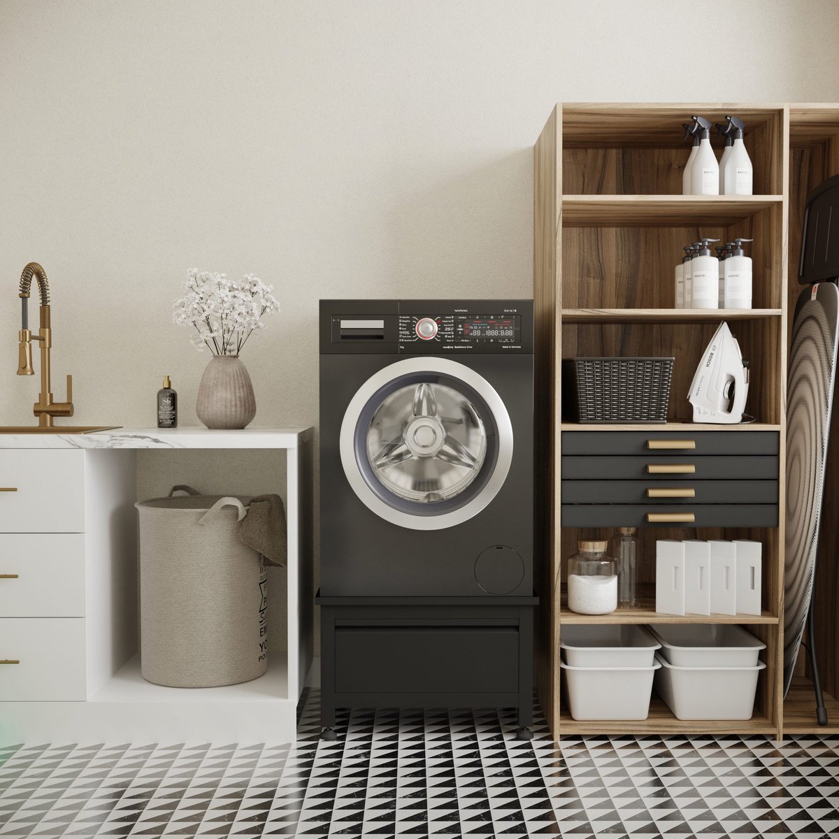 Wasophoogte® Wasmachine verhoger met lade - Wasmachine opbouwmeubel - Wasmachine sokkel - 42cm hoog - Zwart - Universeel - 65*60,5 (LxB) - Inclusief wandbeugels thumbnail 5