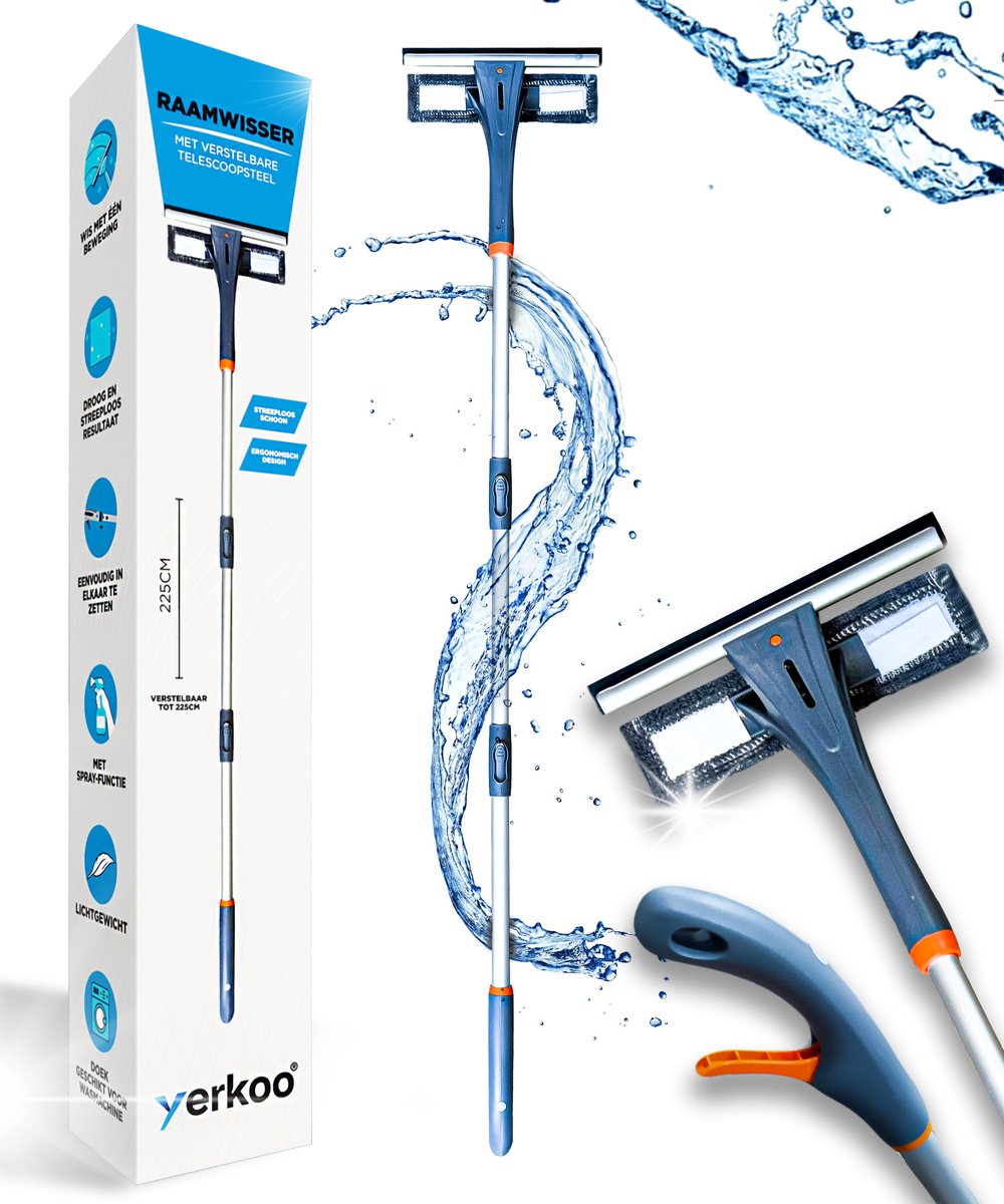 4 in 1 Ramenwasser met telescoopsteel - Raamreiniger - Raamwisser - Raamtrekker - Ramenwisser - Ruitenwasser - Met spons en sprayfunctie