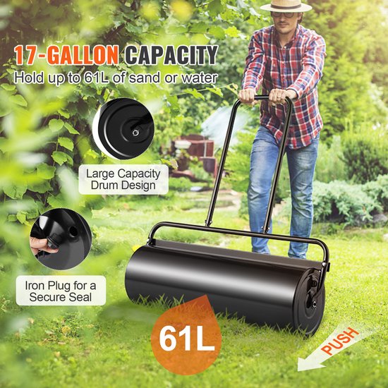17 Gallon Gazonroller, met Zand/Water Gevulde Tuinroller, Stalen Gazonroller met Licht Draaibare Plug En U-Vormige Ergonomische Handgreep voor Gazon, Tuin, Boerderij, Park, Zwart van Merkloos	 — afbeelding 4
