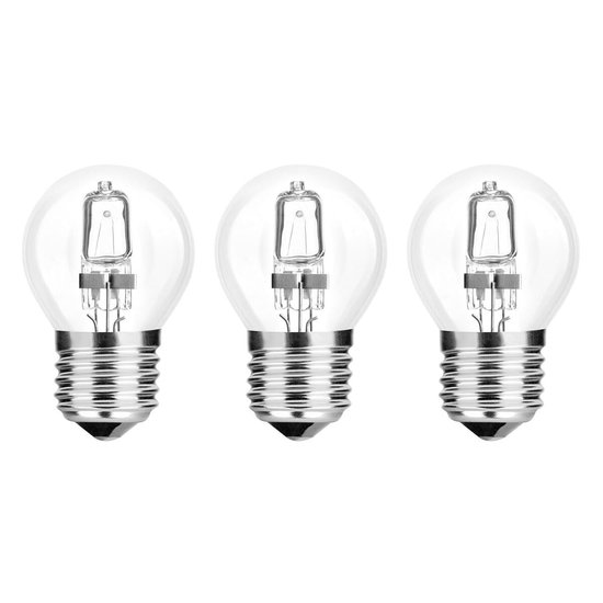 Drie E27 halogeenlampen, 42 watt, 624 lm.