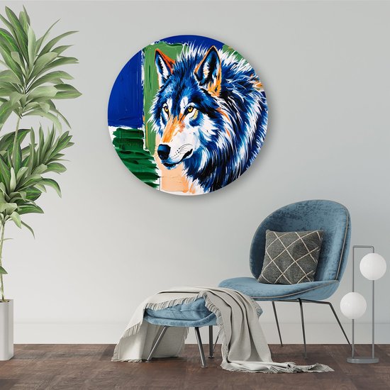 Kleurrijk ontwerp van een wolf - Wolf wandcirkel - Rond wandpaneel dier - Expressionisme - Forex ronde decoratie - Wandkunst voor slaapkamers - muurcirkel forex 40x40 cm