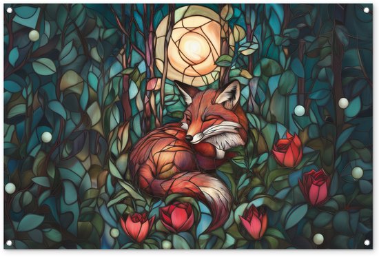 Tuinposter 120x80 cm - Tuindecoratie Vos - Mozaïek - Bos - Maan - Poster voor in de tuin - Buiten decoratie - Schutting tuinschilderij - Tuindoek muurdecoratie - Wanddecoratie balkondoek