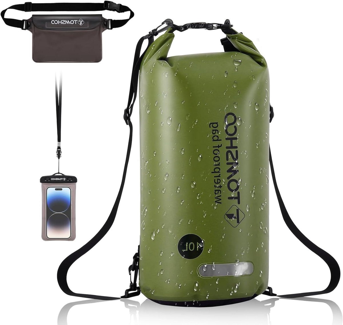 10L/20L Waterdichte Dry Bag Set met Waterdichte Mobiele Telefoon Zak & Verstelbare Schouderriem - Groen