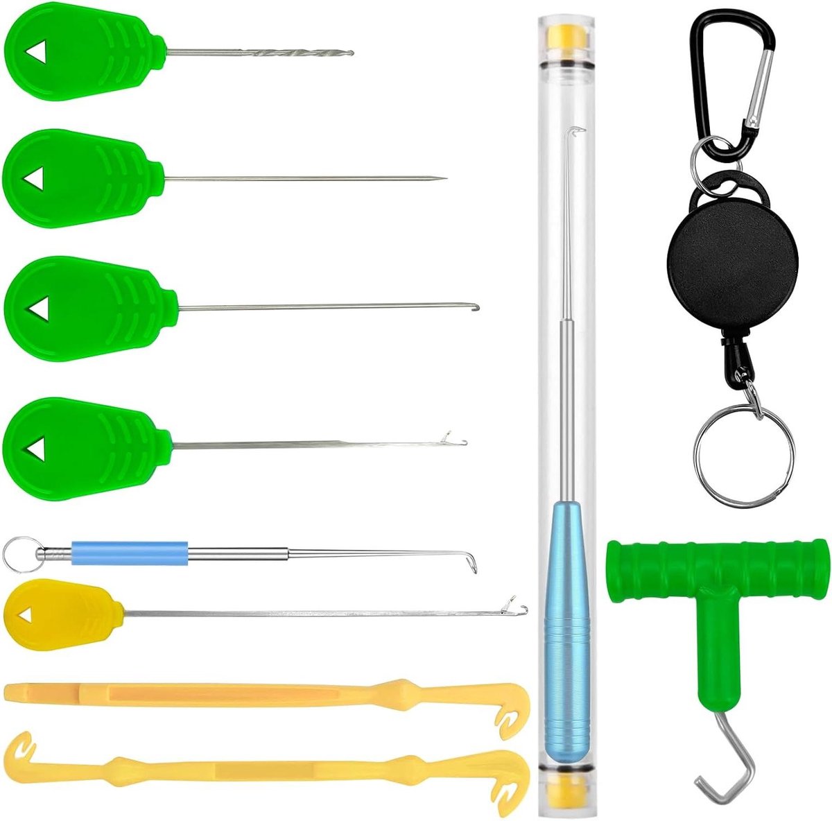 Allecto Plus - 12-delige set vishaken onthaakgereedschap met magneten - Plastic vislijnhaak verwijderaar - Visgereedschap om vissen veilig los te maken - Inclusief handige vishaak lusmaker - Complete set voor kunstaas en visaas rigging