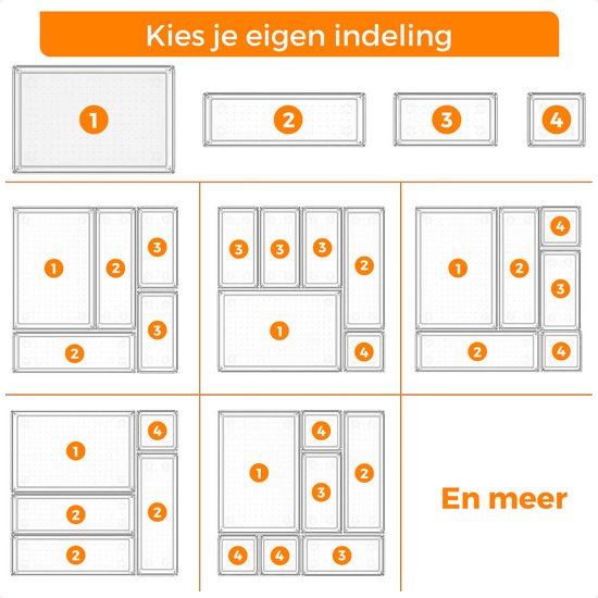 Diagram dat verschillende configuraties van Posity lade organizers toont.