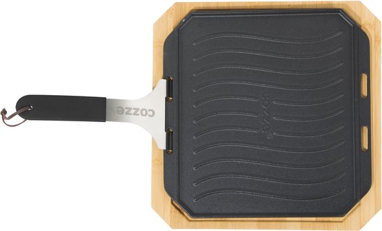 Cozze® Omkeerbare gietijzeren pan met bamboe dienblad 330x330 mm.