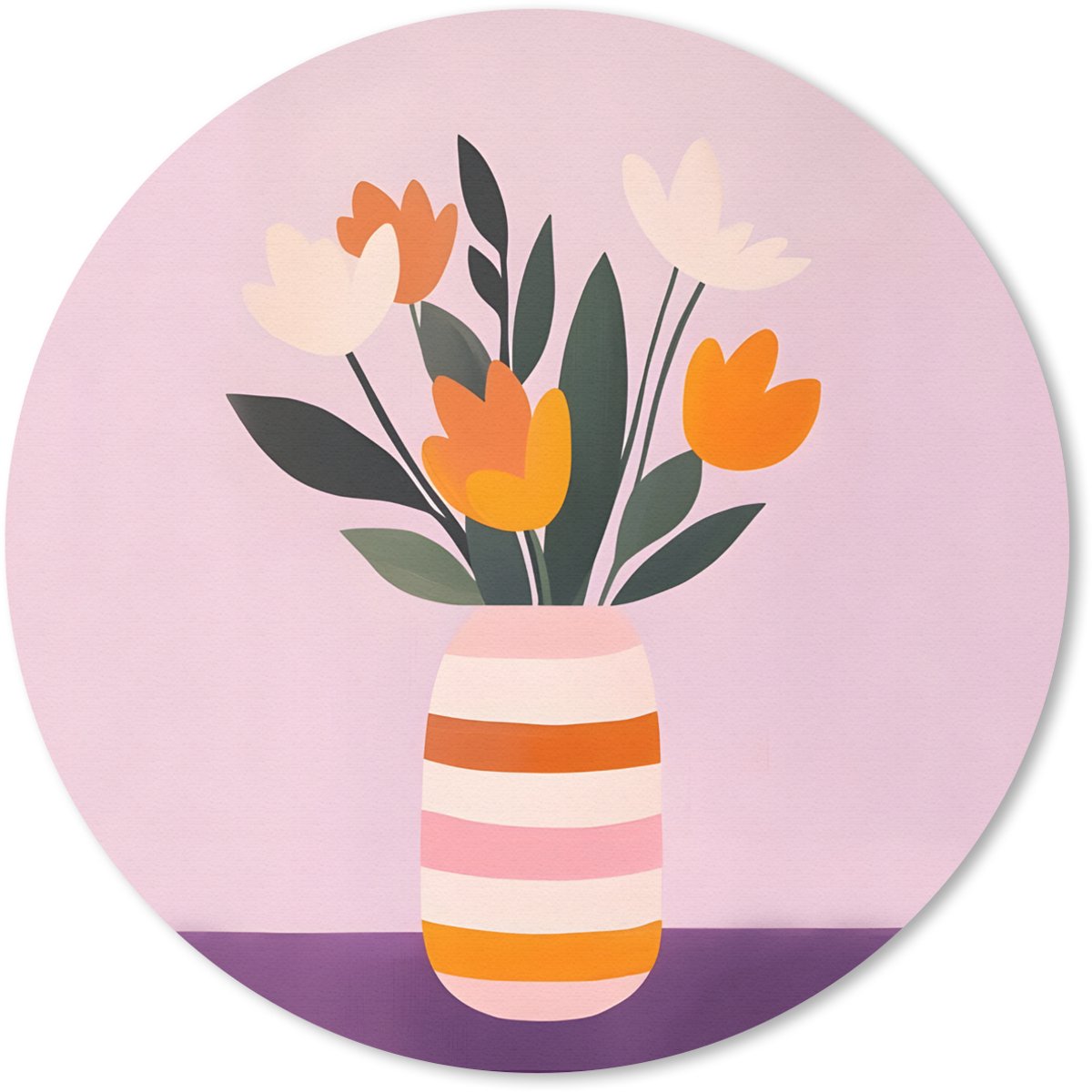 Muismat rond 30x30 cm - Mousepad Tulpen - Vaas - Strepen - Paars - Ronde muismatten