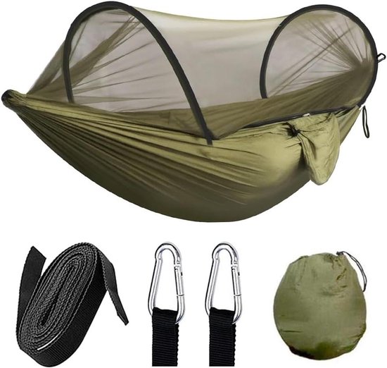 AnorTrek Camping hangmat met muggennet, waterdicht regenvlieg dekzeil set, draagbaar dubbel met twee boomriemen, 210T nylon voor wandelen en backpacken