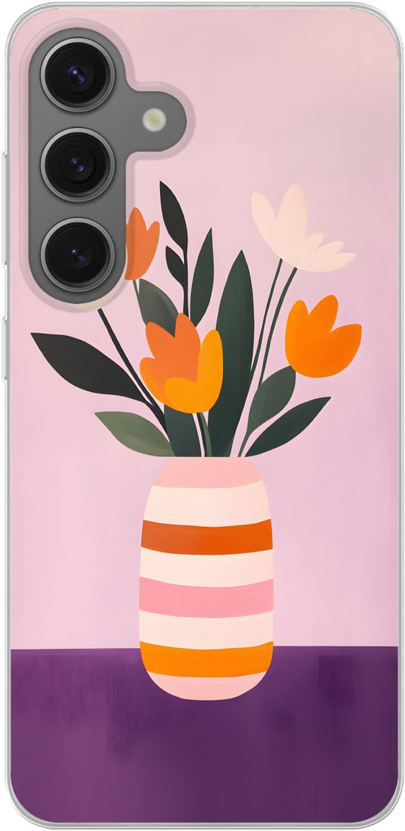 Telefoonhoesje Geschikt voor Samsung Galaxy S25 hoesje - Tulpen - Vaas - Strepen - Paars - Siliconen Telefoonhoesje Telefoonhoesje