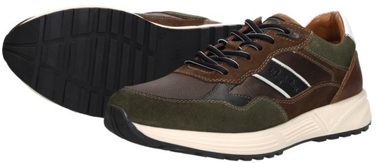Groene en bruine leren lage veter schoen met witte strepen en bruine buitenzool