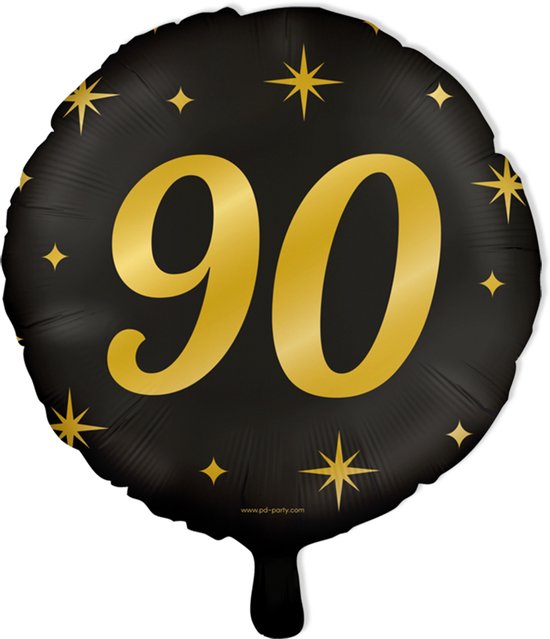 Zwarte ronde folieballon met goudkleurige sterren en het getal 90 in goud.