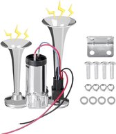 Geschikt voor 12V 600DB Luchthoorn met dubbele trompetten, superluide luchthoorn voor vrachtwagens, dubbele elektrische luchthoornset voor voertuigen - met compressor, geschikt voor auto's, SUV's, motoren, treinen en boten (zilver)