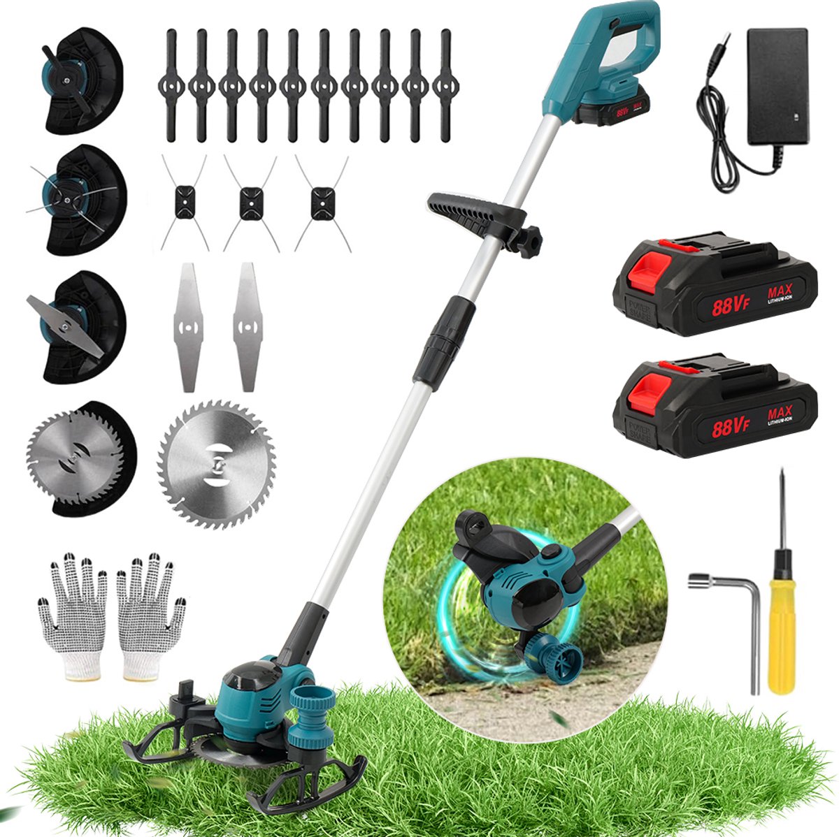 Traumheim® Accu - Grastrimmer - 21V - Telescopische stang - Steunwiel - Kantelbare steel - Plant beschermbeugel - Instelbare handgreep - Veiligheidsschakelaar - 2 accu en lader - Snoerloze grasstrimmer