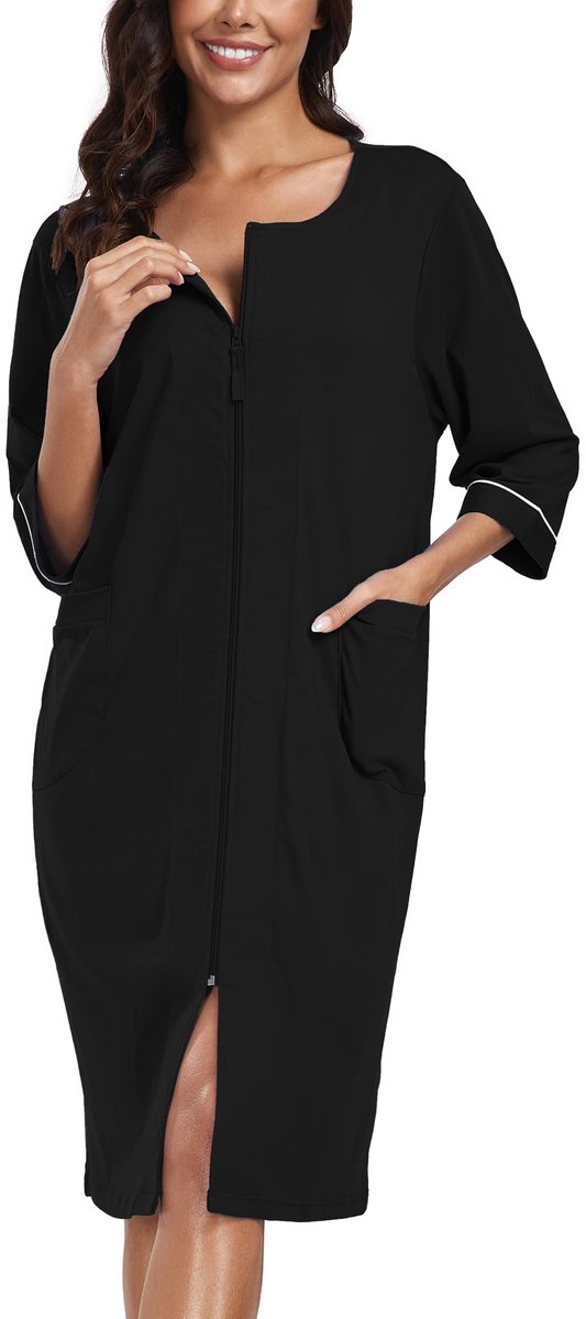 Dames Badjas - 100% Katoen - Lichtgewicht - Kort - Met 3/4 Mouw, Ritssluiting en Zakken - Zwart, XS
